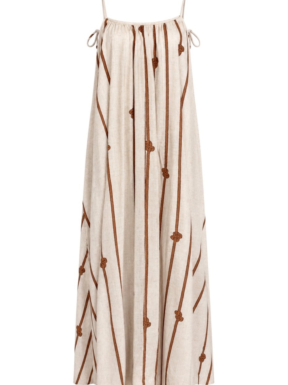 Beige Linen Maxi Dress with Brown Rope Stripe Detail